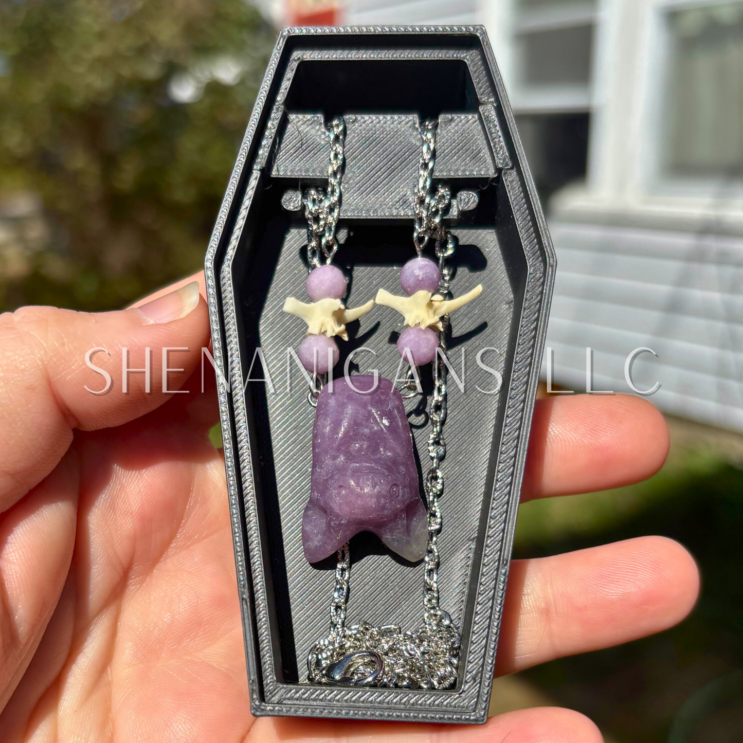 Lepidolite Bat Necklace – Crystal Carving with Lepidolite Beads & Silver Chain