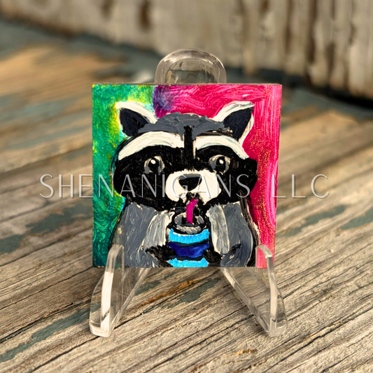 Trash Panda, Racoon Mini Tile Painting by IrisISBeauty - Handpainted Micro Art