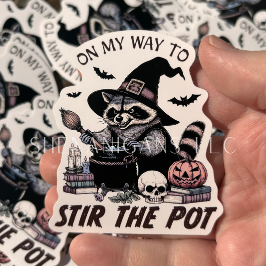 On my way to Stir The Pot Witch Raccoon Digital Art Sticker, Spooky Cauldron Halloween