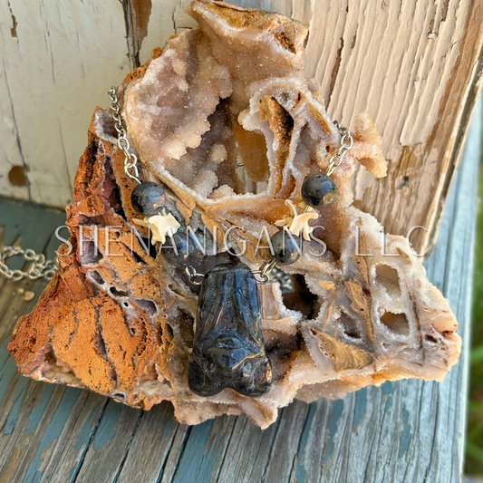 Larvikite Hanging Fruit Bat Necklace with Rattlesnake Vertebrae