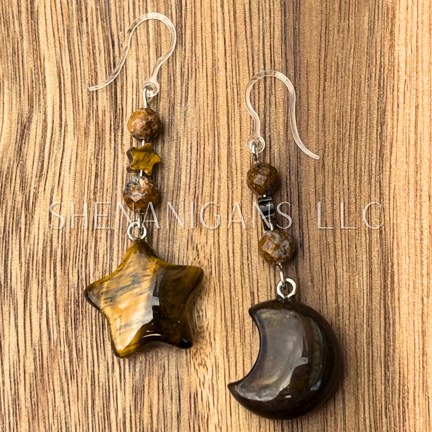 Tiger’s Eye Moon & Star Earrings – Crystal Carving with Pietersite Beads