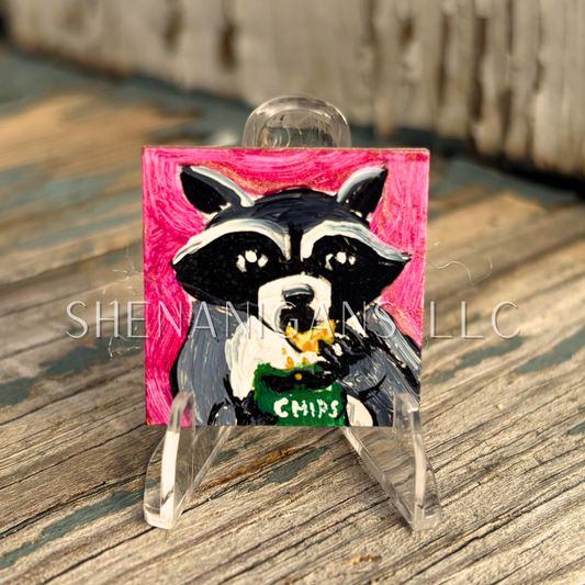 Trash Panda, Racoon Mini Tile Painting by IrisISBeauty - Handpainted Micro Art