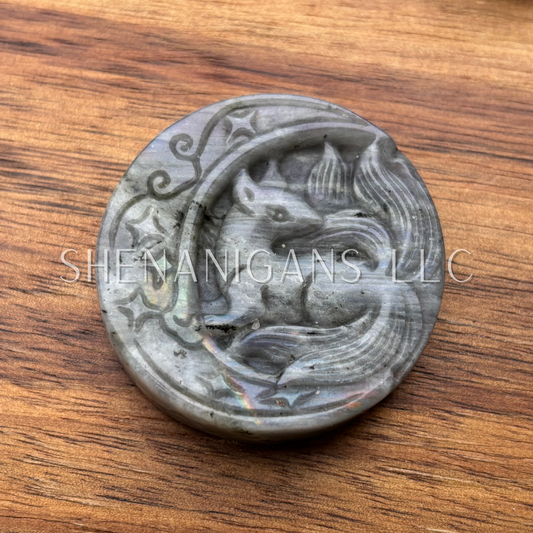 9 Tail Fox on Moon - Flat Crystal Carving