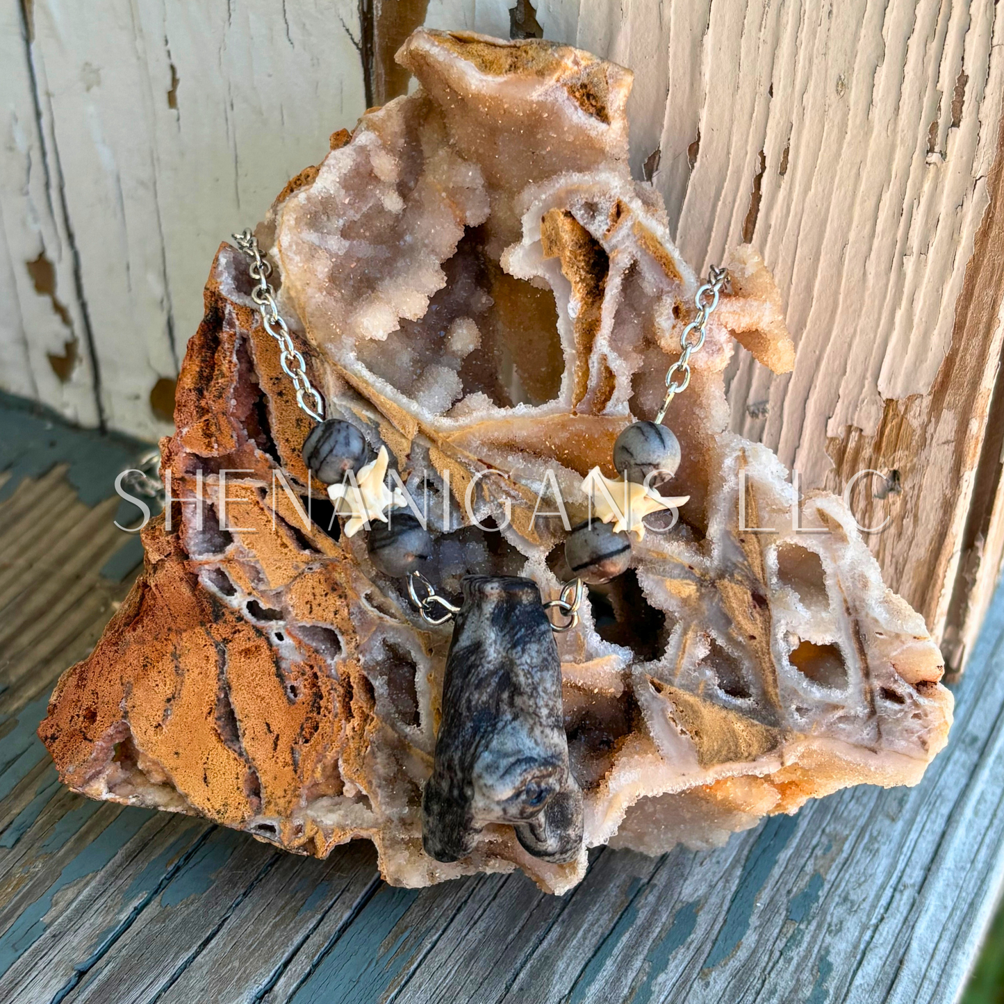 Spiderweb Jasper Hanging Fruit Bat Necklace with Rattlesnake Vertebrae