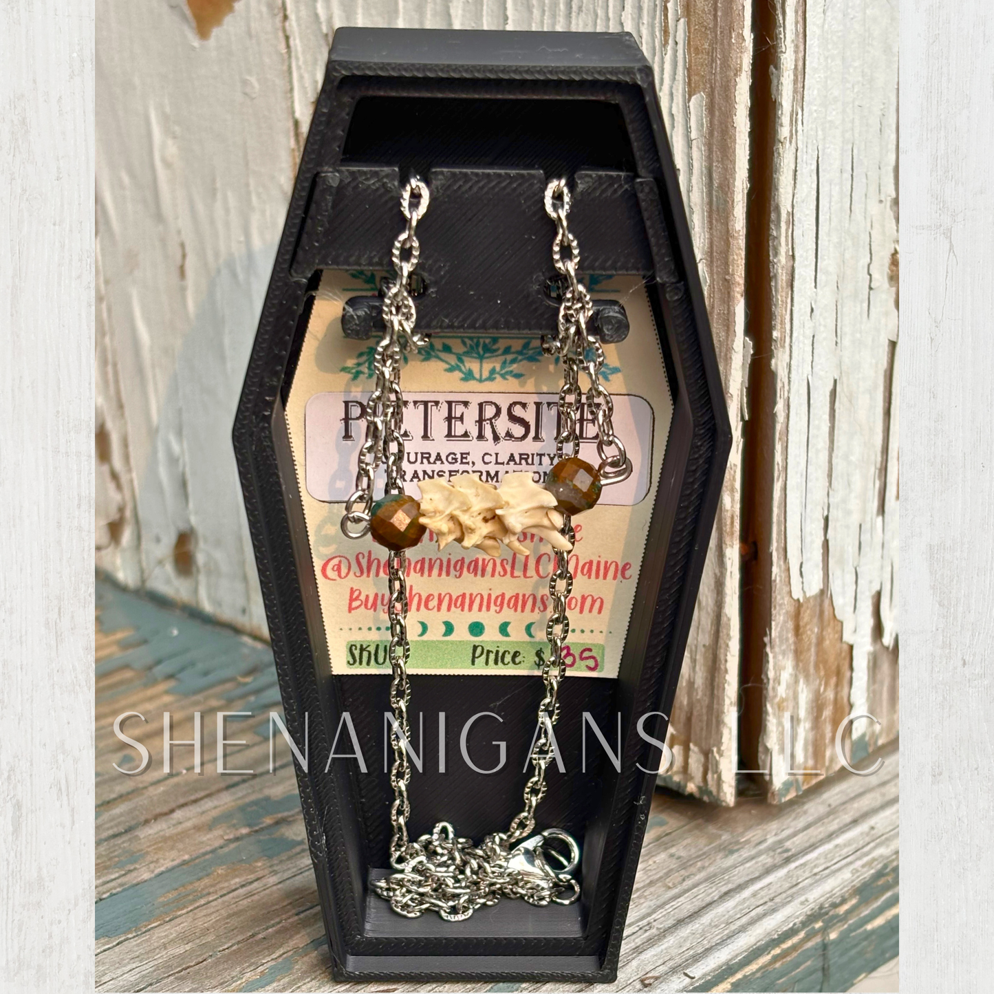 Pietersite & Rattlesnake Vertebrae Necklace with Silver Hammered Chain