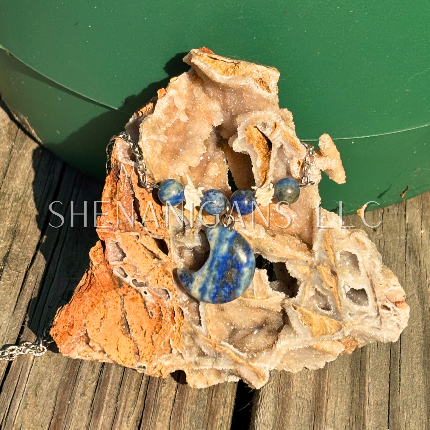 Lapis Lazuli Moon Necklace – Crystal Carving with Beads & Bone Detail