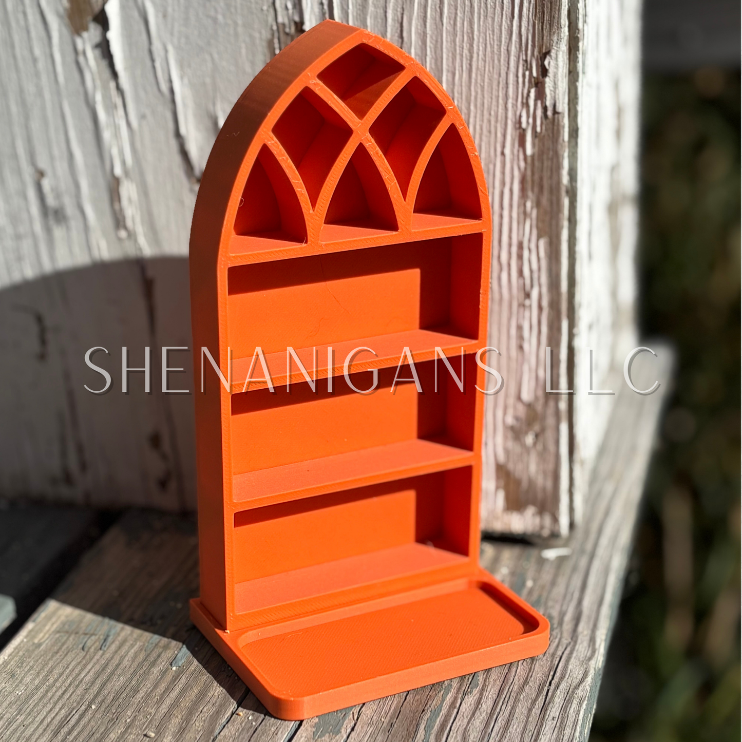 Curio Shelf Gothic Window w/ Tray - Size: Fits 1/2" wide Micro Jars 5x3 - Trinket, Desk, Crystal