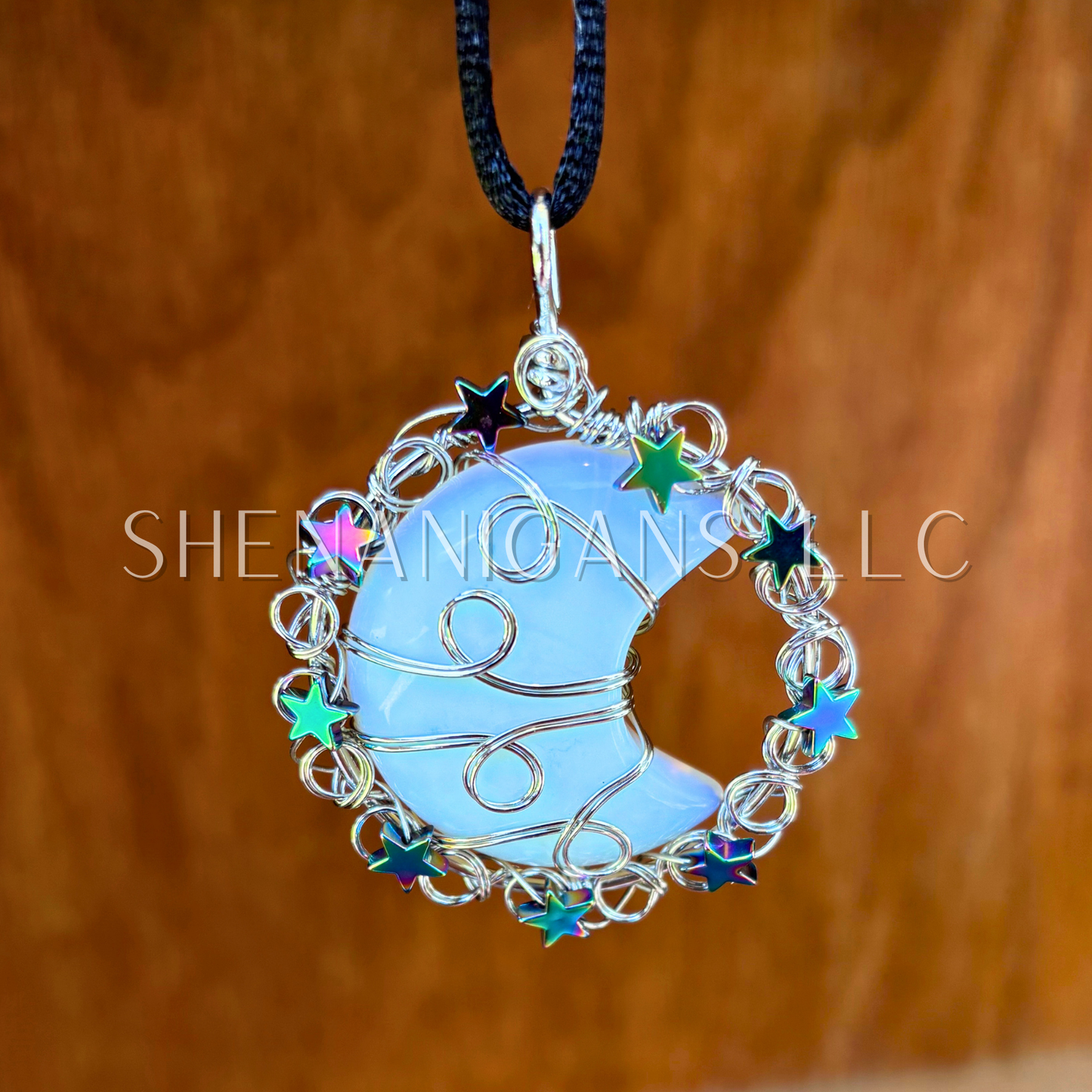 Wire Wrapped Moon Pendant on Satin Silk Necklace Cord