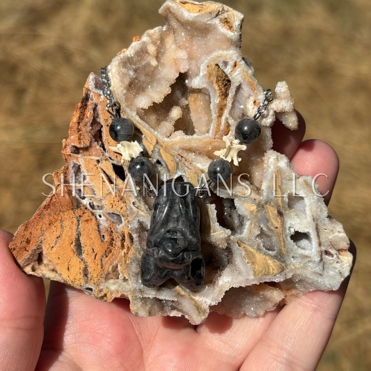 Larvikite Hanging Fruit Bat Necklace with Rattlesnake Vertebrae