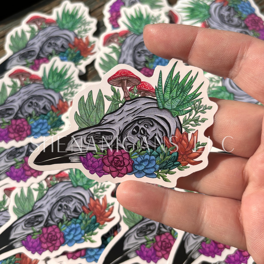 Raven, Crow, Bird Skull Hand Drawn Digital Art Sticker, Mushroom Foliage Cottage Core Sticker