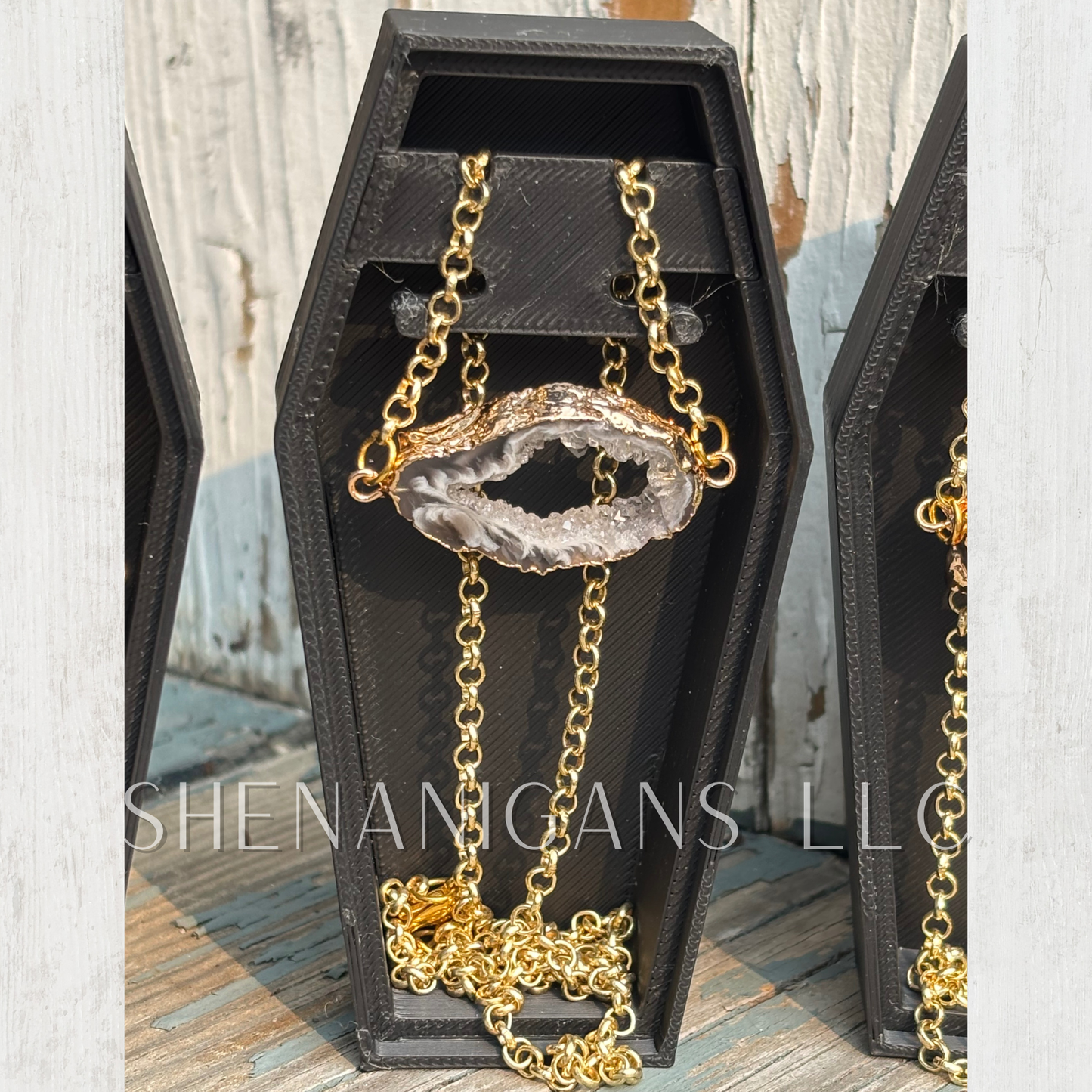 Dark Druzy Agate Slice Necklace – Natural Crystal with Gold Hammered Chain