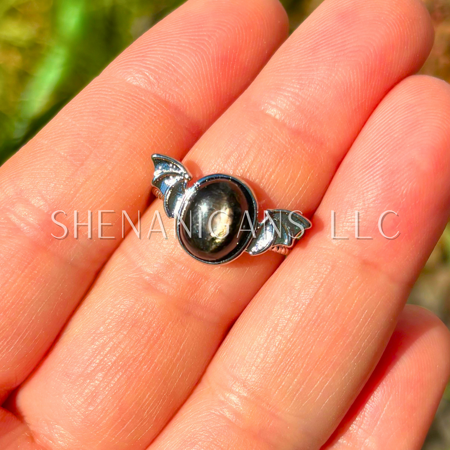Sheen Obsidian with Bat Wings Ring