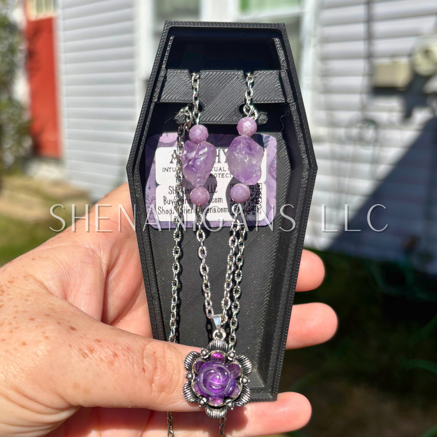 Amethyst Flower Pendant with Lepidolite Beads and Raw Amethyst Beads Necklace