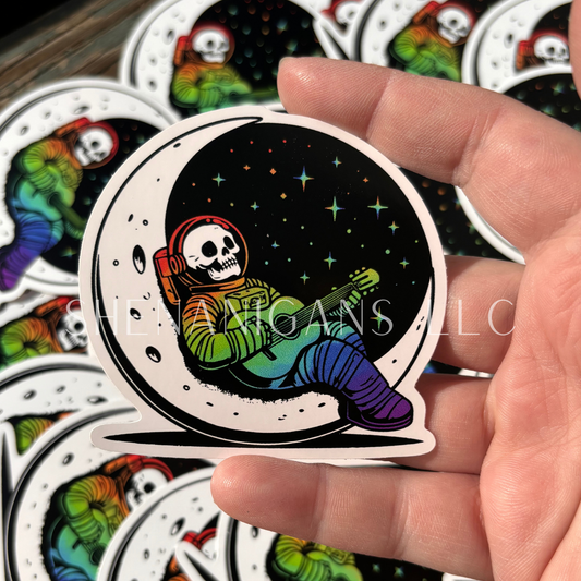 Skeleton Astronaut Digital Art Sticker, Crescent Moon Rainbow Guitar Space Suit