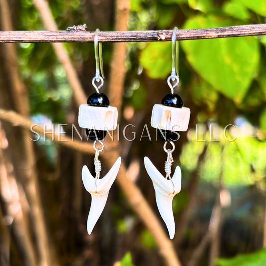 Shark Vertebrae and Shark Tooth Earrings with Crystal Beads