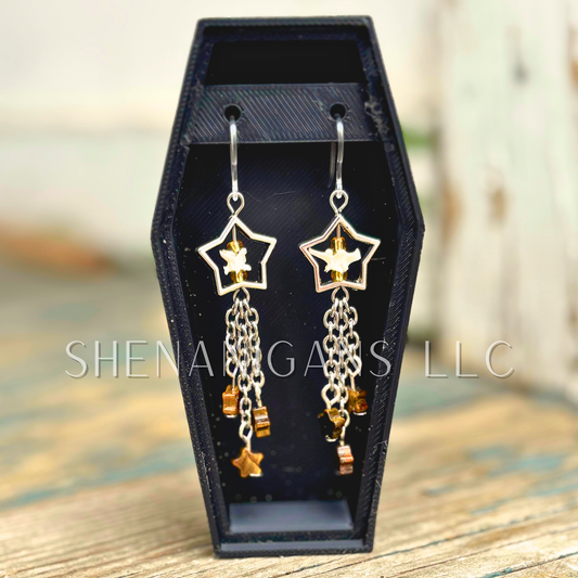 Shooting Star Earrings with Tiger’s Eye Stars & Rattlesnake Vertebrae – Handmade Celestial Coffin Display