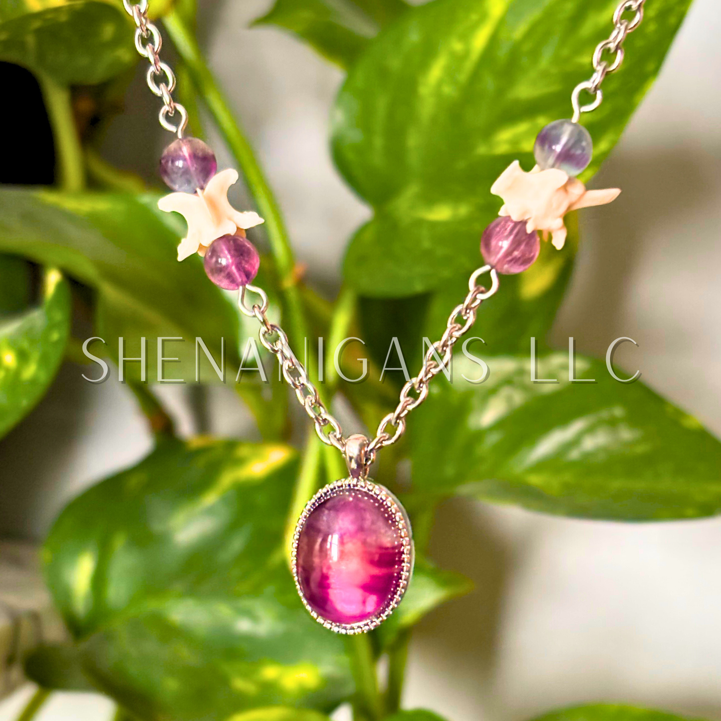 Pink Fluorite Necklace with Snake Vertebrae