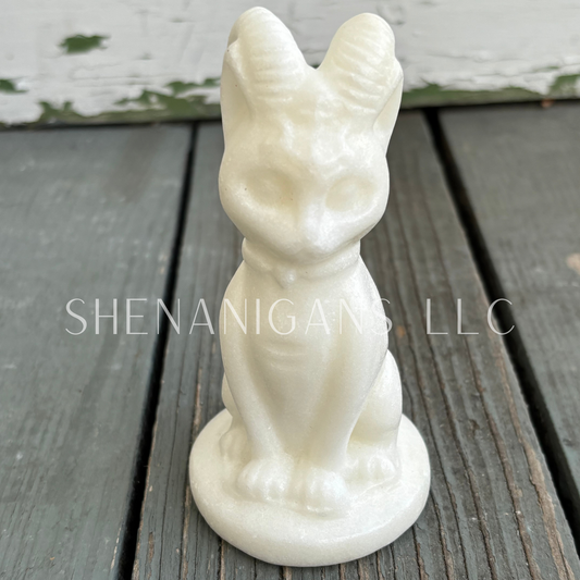 Cat with Goat Horns - White Marble - Crystal Carving