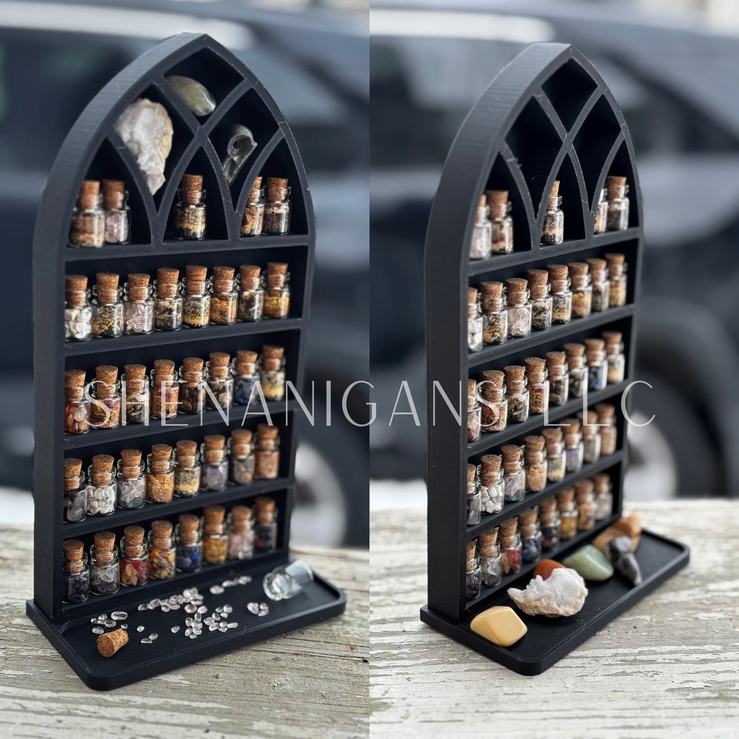 Curio Shelf Gothic Window w/ Tray - Size: Fits 1/2" wide Micro Jars 8x4 - Trinket, Desk, Crystal