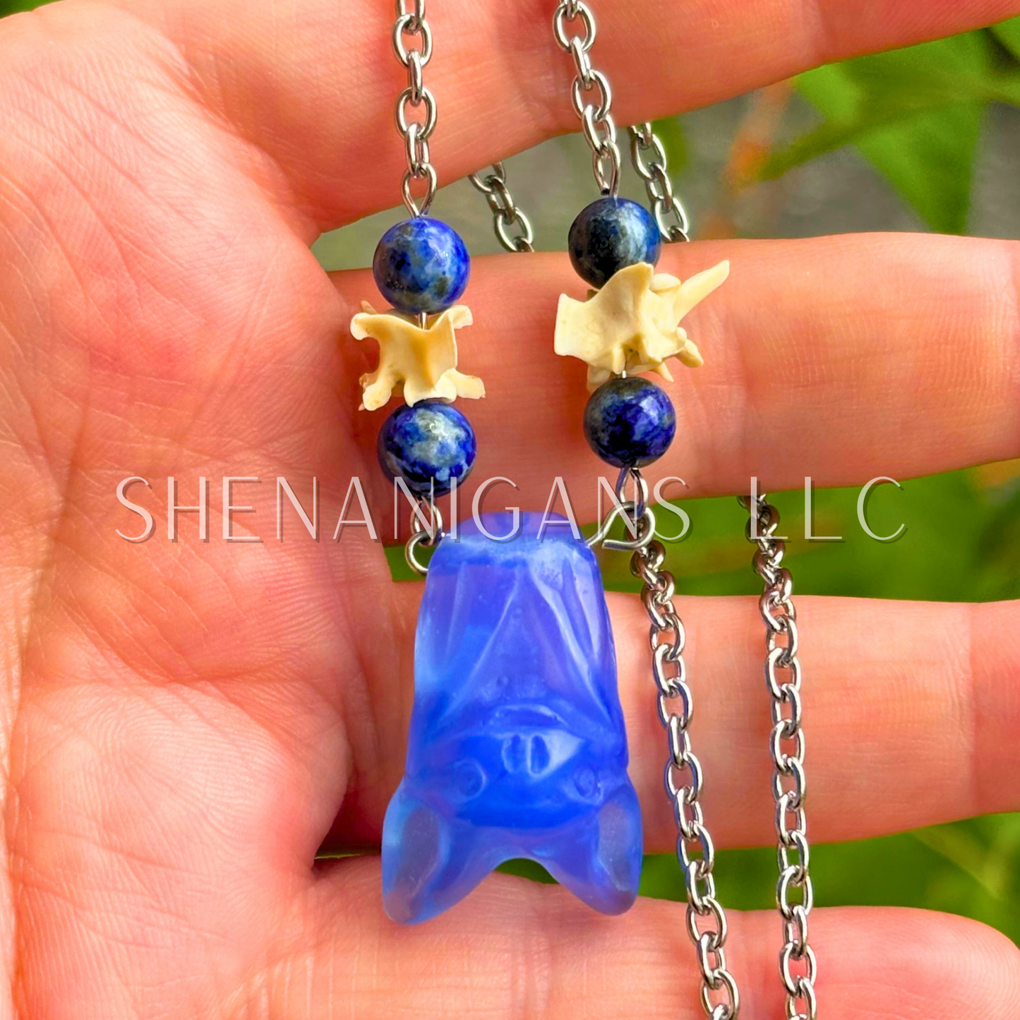 Blue Opalite Fruit Bat Necklace – Crystal Carving with Lapiz Beads