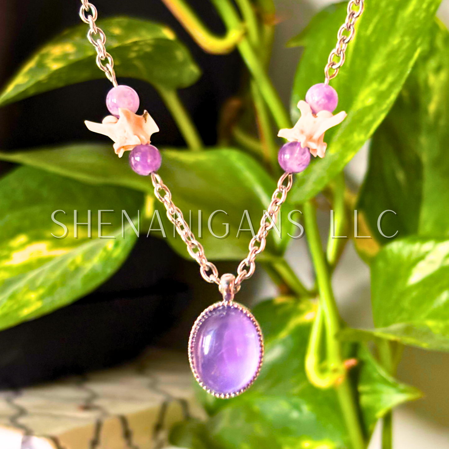 Purple Fluorite Necklace with Snake Vertebrae and Amethyst Beads