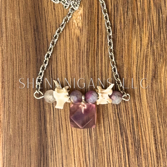 Purple Fluorite Pendant Necklace – Pink Tourmaline Beads & Rattlesnake Vertebrae