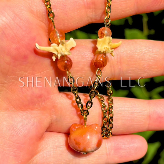 Red Agate Cat Head Necklace with Rattlesnake Vertebrea and Carnelian Beads