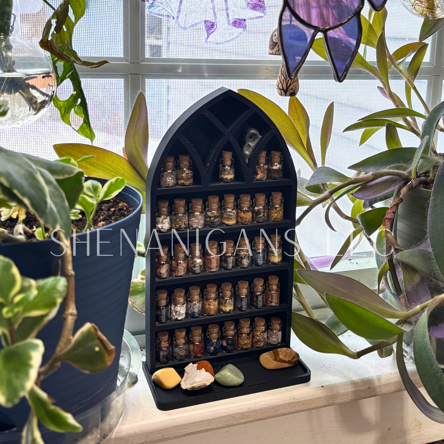 Curio Shelf Gothic Window w/ Tray - Size: Fits 1/2" wide Micro Jars 8x4 - Trinket, Desk, Crystal