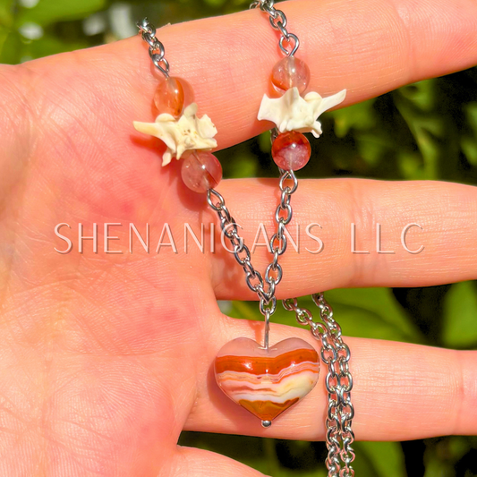 Red Banded Agate Heart Necklace with Rattlesnake Vertebrea and Carnelian Beads