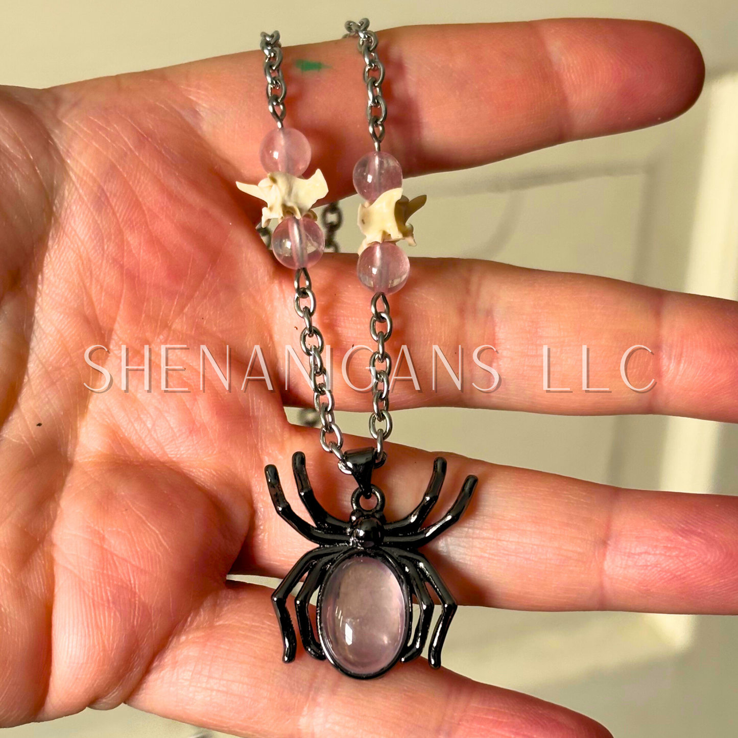 Rose Quartz Spider Necklace with Rose Quartz Beads and Rattlesnake Vertebrae