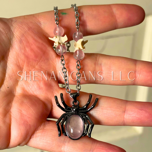 Rose Quartz Spider Necklace with Rose Quartz Beads and Rattlesnake Vertebrae