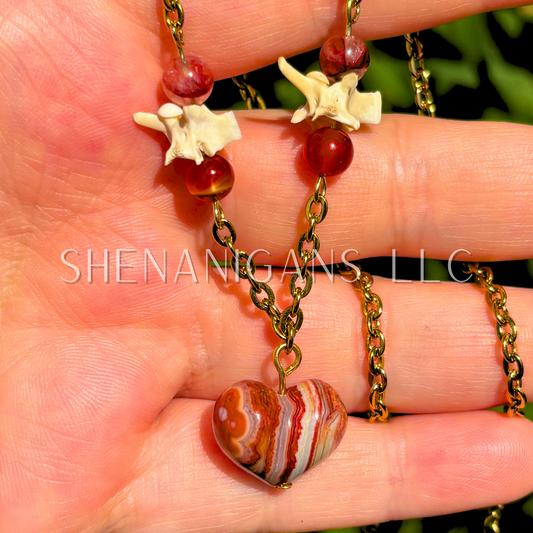 Red Banded Agate Heart Necklace with Rattlesnake Vertebrea and Carnelian Beads