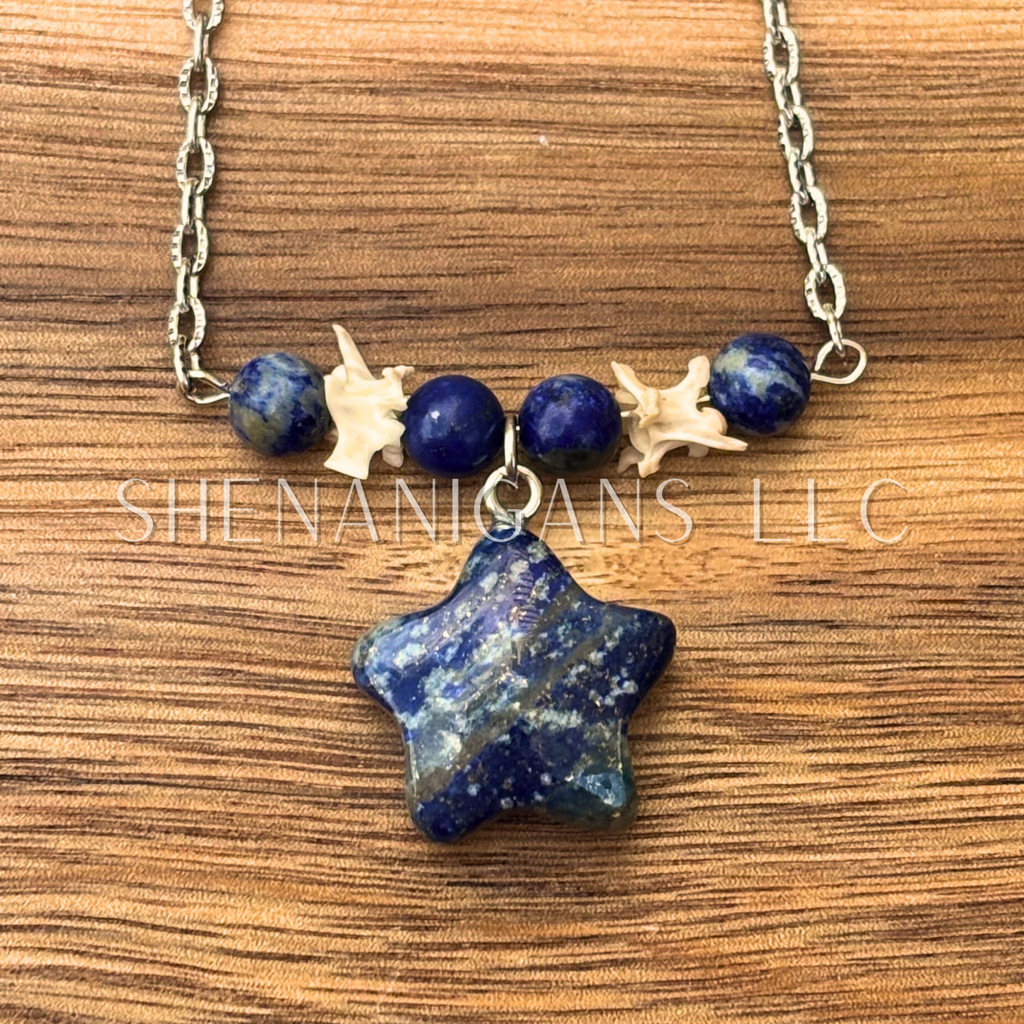 Lapis Lazuli Star Necklace – Crystal Carving with Beads & Bone Detail