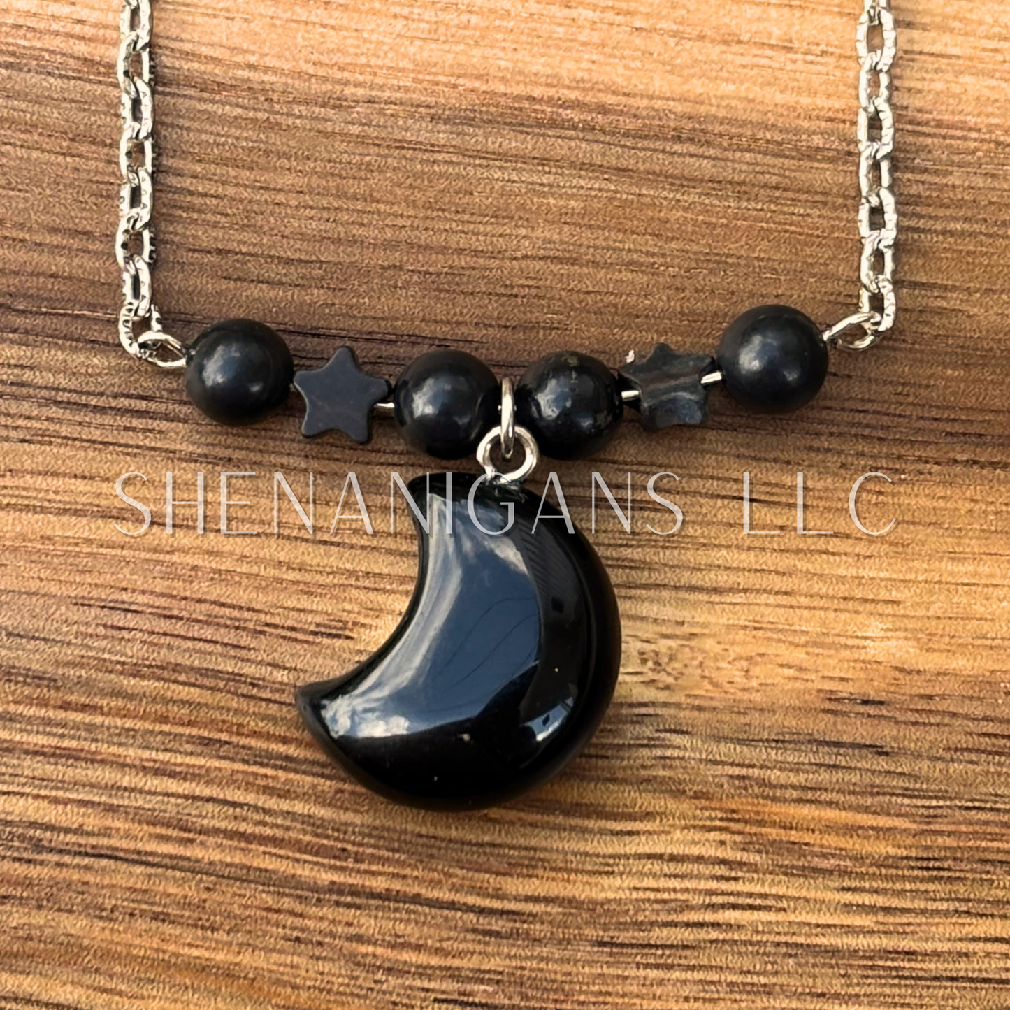Obsidian Moon Necklace – Crystal Carving with Beads