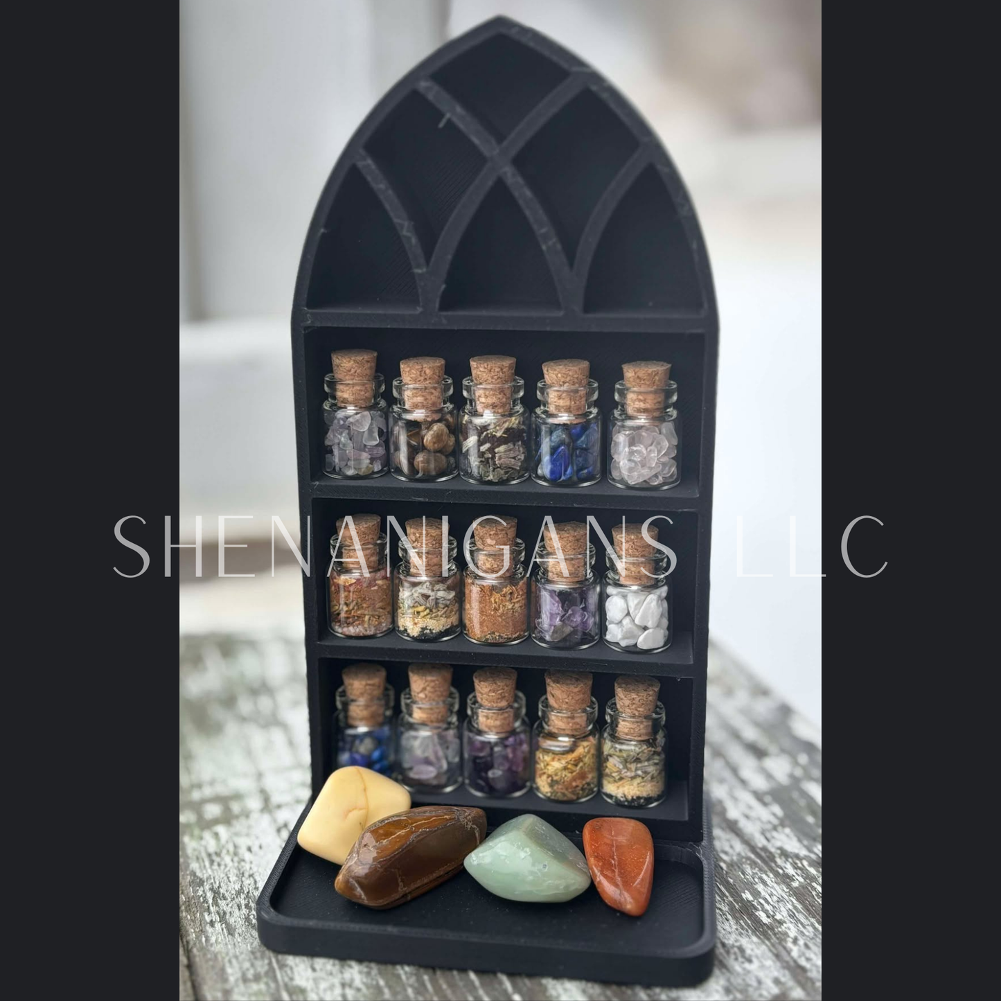 Curio Shelf Gothic Window w/ Tray - Size: Fits 1/2" wide Micro Jars 5x3 - Trinket, Desk, Crystal