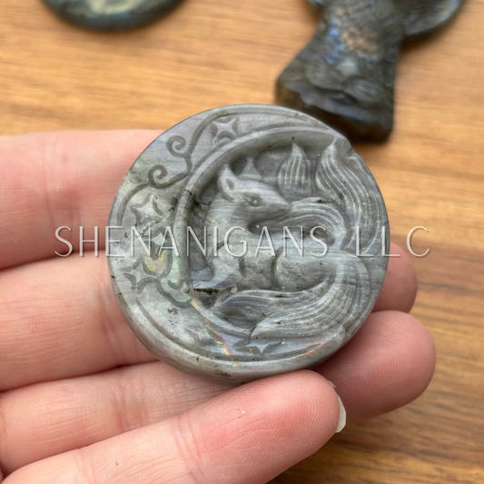 9 Tail Fox on Moon - Flat Crystal Carving