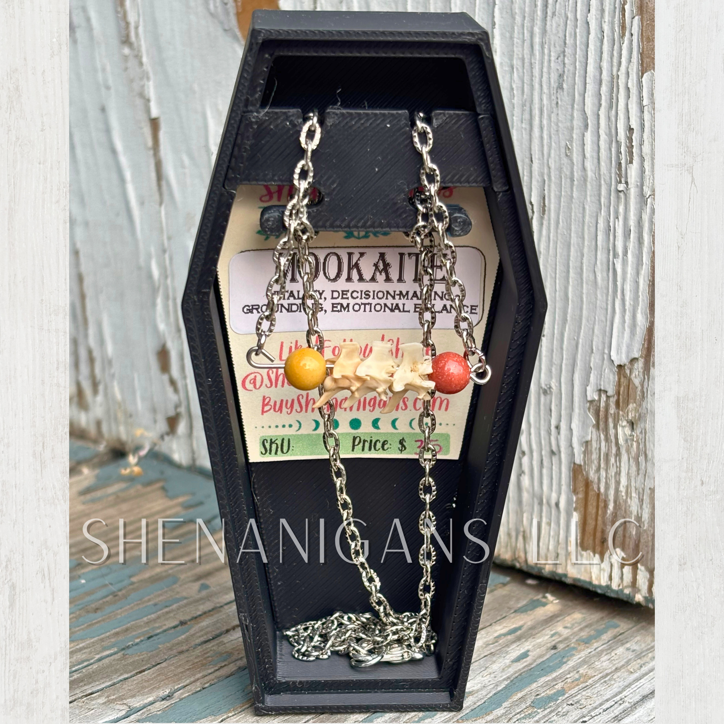 Mookaite & Rattlesnake Vertebrae Necklace with Silver Hammered Chain