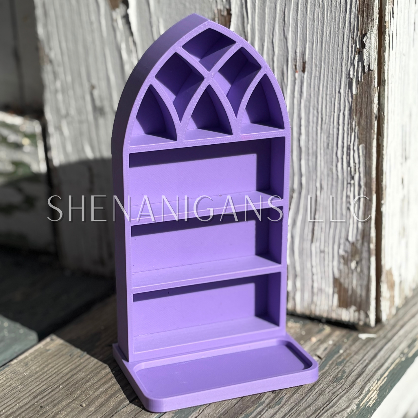 Curio Shelf Gothic Window w/ Tray - Size: Fits 1/2" wide Micro Jars 5x3 - Trinket, Desk, Crystal