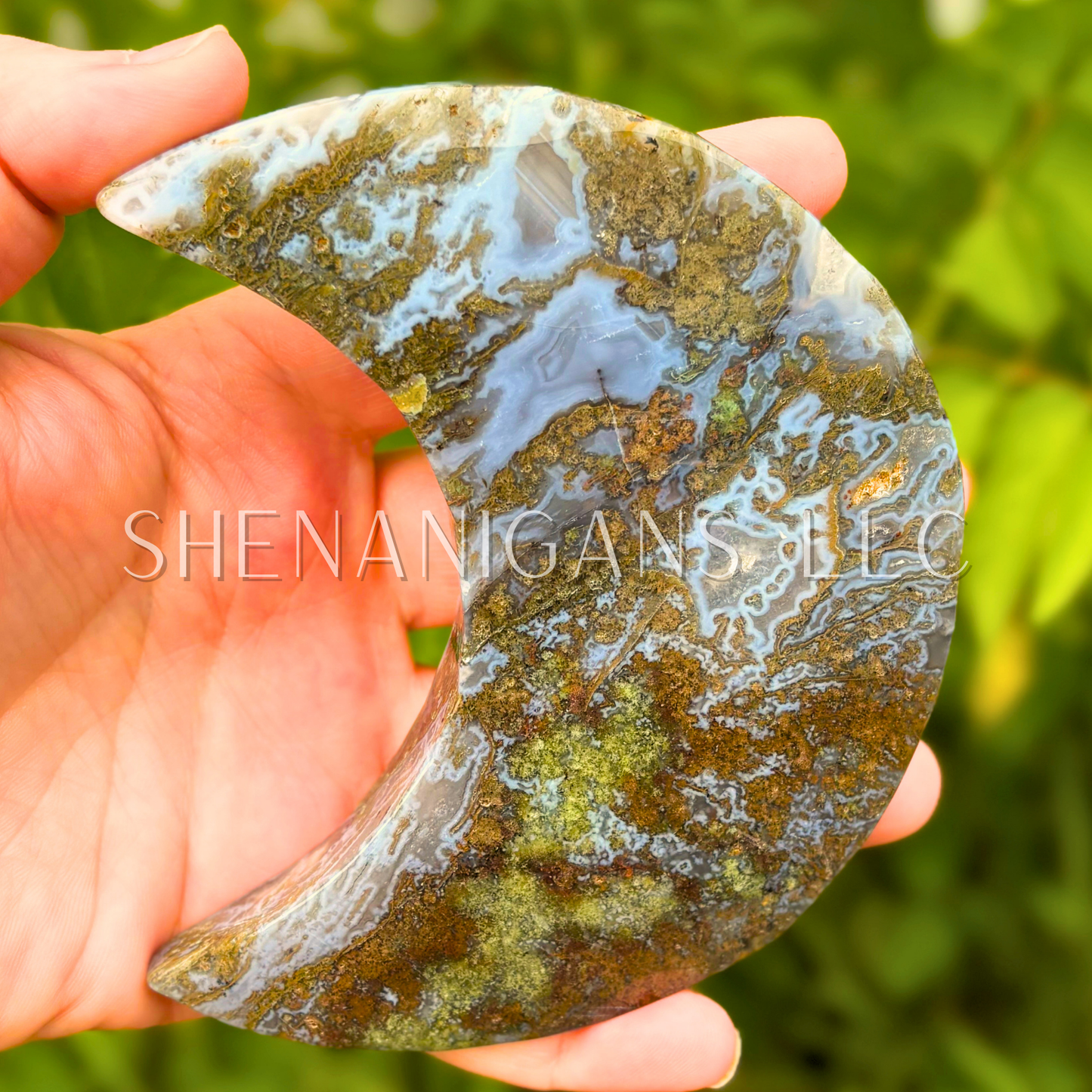Blue Druzy Moss Agate Moon