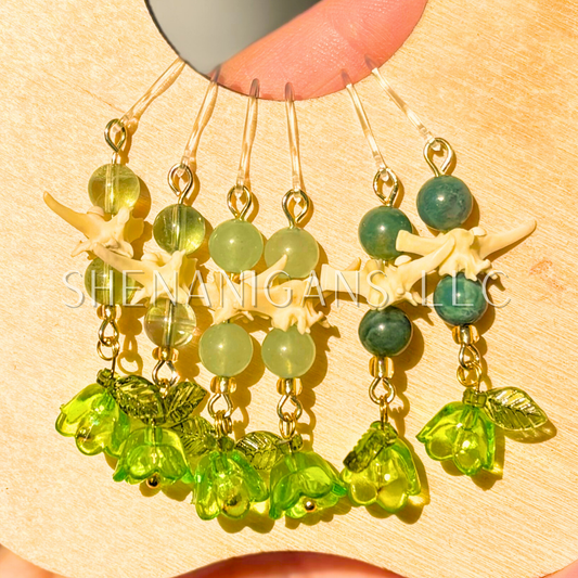 Green and Gold Bell Flower Dangle Earrings with Snake Vertebrae and Crystal Beads