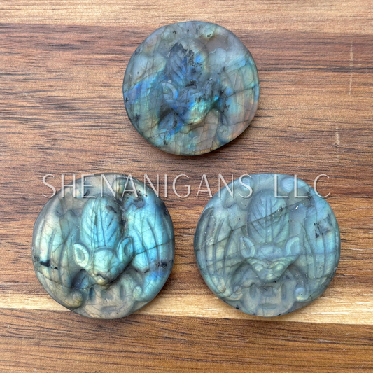 Hanging Fruit Bat - Labradorite Flat Crystal Carving