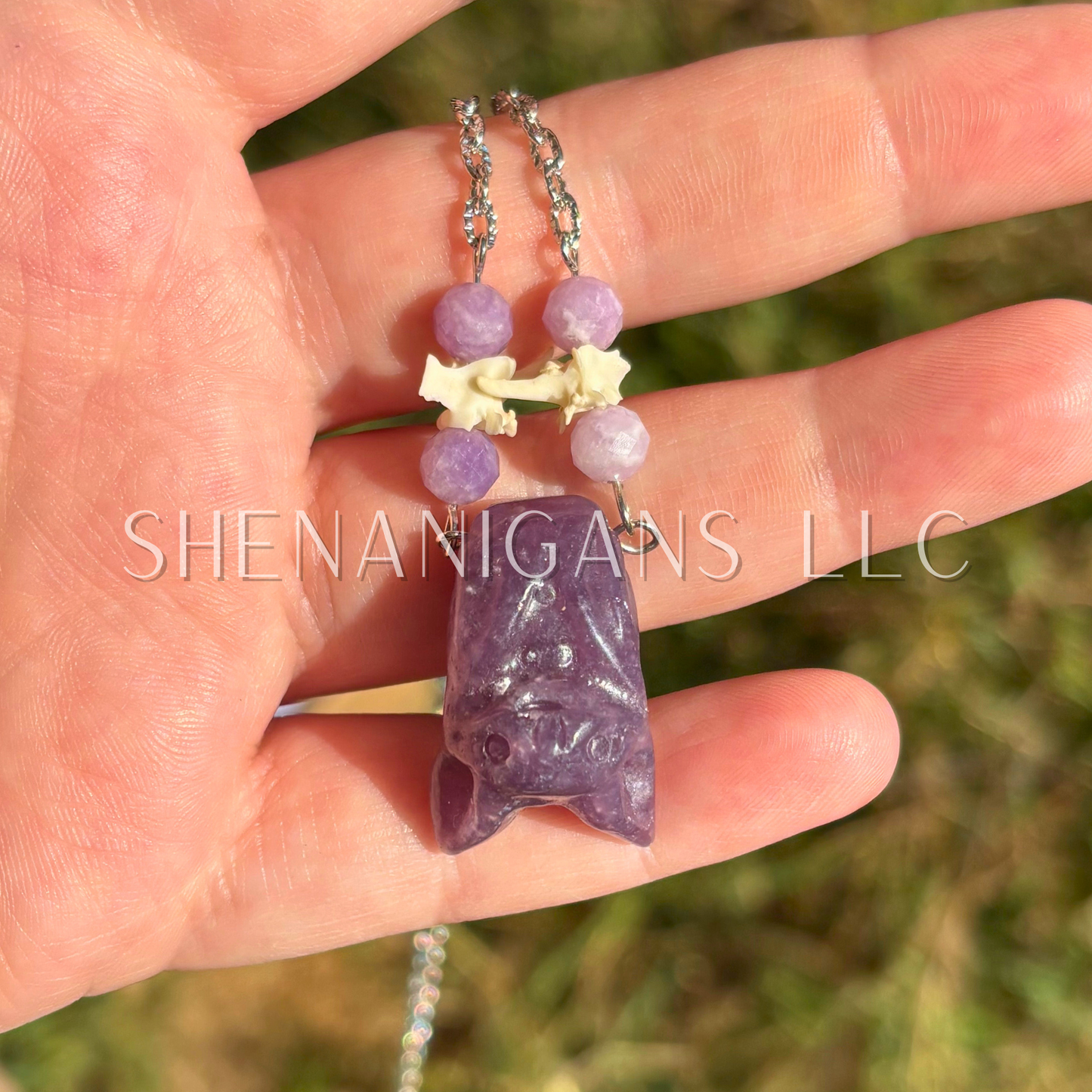 Lepidolite Bat Necklace – Crystal Carving with Lepidolite Beads & Silver Chain