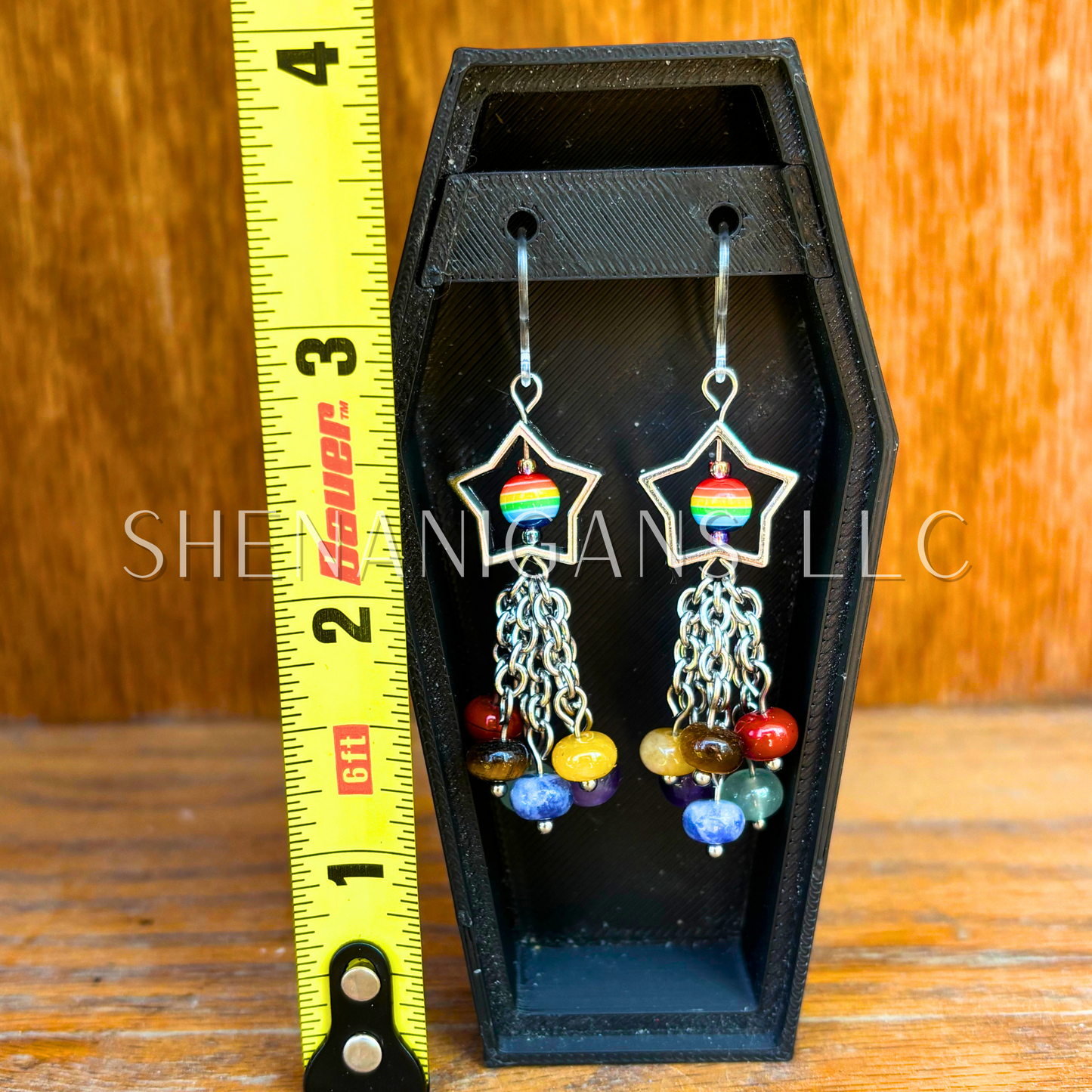 Rainbow Pride Flag Shooting Star Earrings with Crystal Donut Beads – Handmade Celestial Coffin Display