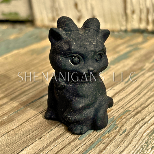 Small Chubby Cat with Goat Horns - Obsidian - Crystal Carving