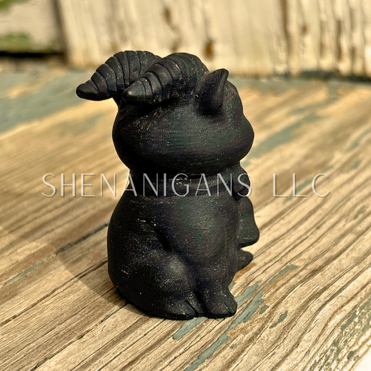 Small Chubby Cat with Goat Horns - Obsidian - Crystal Carving
