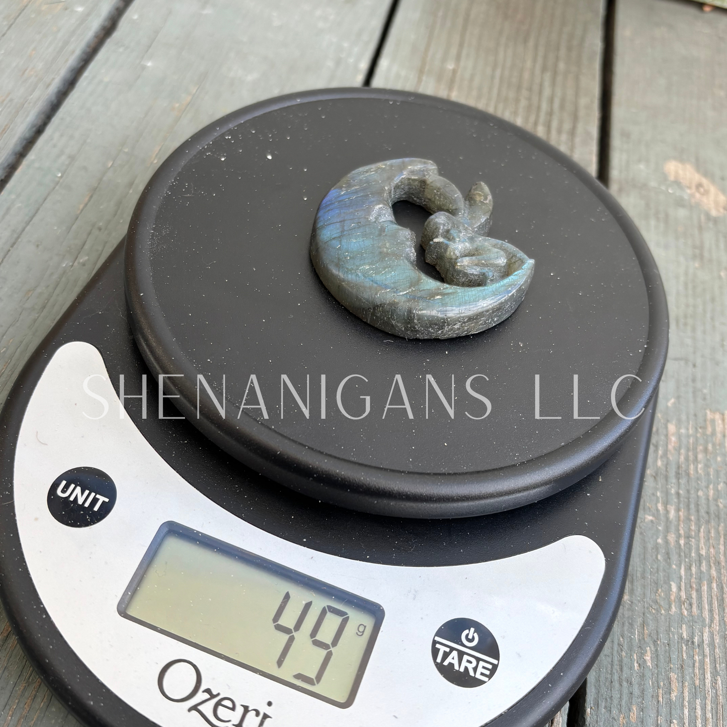 Fairy Kneeling on Crescent Moon - Labradorite - Crystal Carving