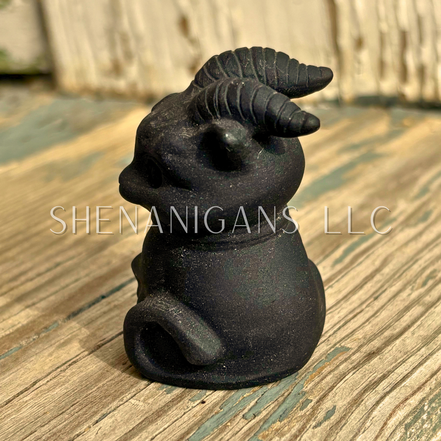 Small Chubby Cat with Goat Horns - Obsidian - Crystal Carving
