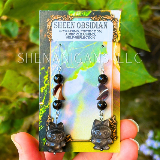 Silver Sheen Obsidian Little Monster Earrings