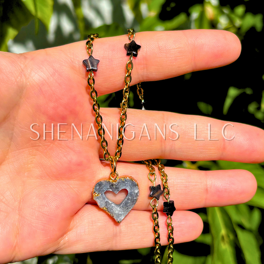 Druzy Dark Agate Heart Necklace