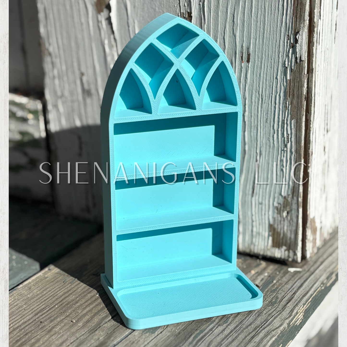 Curio Shelf Gothic Window w/ Tray - Size: Fits 1/2" wide Micro Jars 5x3 - Trinket, Desk, Crystal